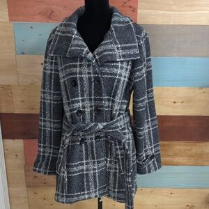 Ike Behar Black and Gray Plaid Pea Coat